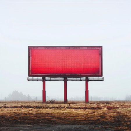 Big red billboard on the road in the fog. Conceptual imageの素材