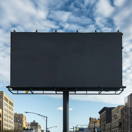 Blank black billboard on city street with blue sky. Mock up, 3D Renderingの素材