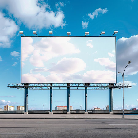 large blank billboard on a city street with blue sky and white cloudsの素材