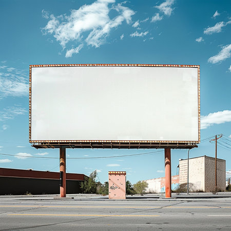 Blank billboard on the street with blue sky and white clouds.の素材