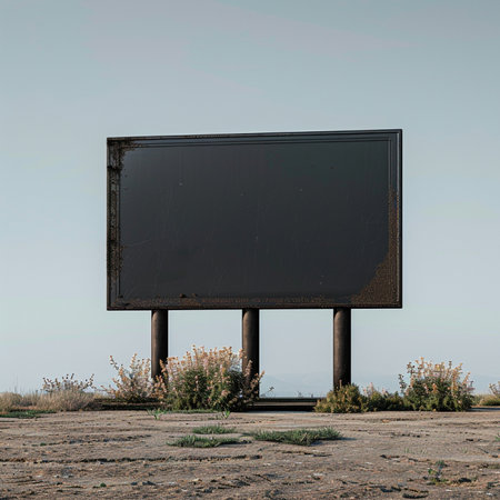 Blank black billboard in the desert. 3d render illustration.の素材