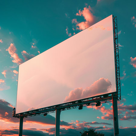 Blank billboard on the road at sunset, ready for new advertisement.の素材