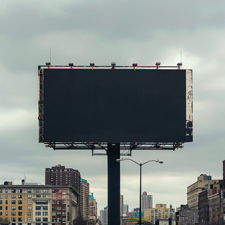 Blank black billboard on city street with cloudy sky background. Mock upの素材