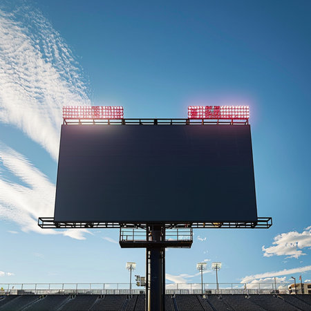 Blank billboard on a football field with blue sky and clouds.の素材