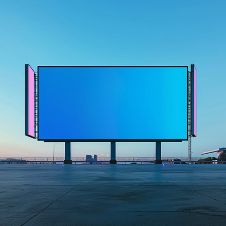 Blank billboard on the road with blue sky background. 3d rendering.の素材