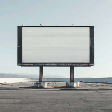 Blank billboard on a parking lot with blue sky in the backgroundの素材