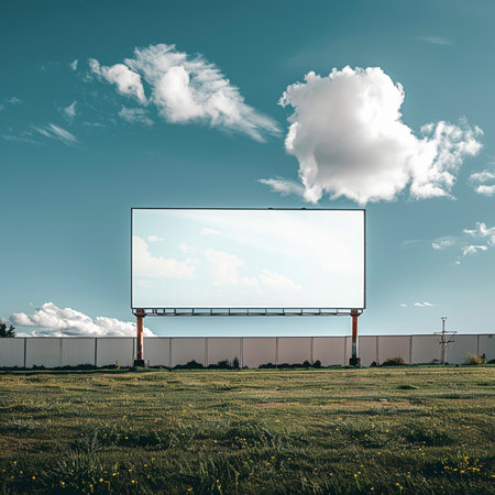 Billboard on a meadow under blue sky with white clouds.の素材