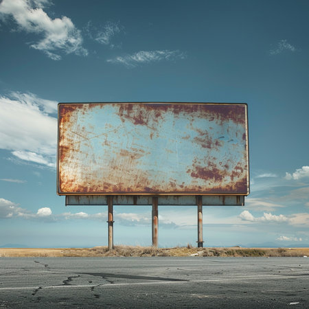 Abandoned billboard on the road with blue sky and clouds.の素材