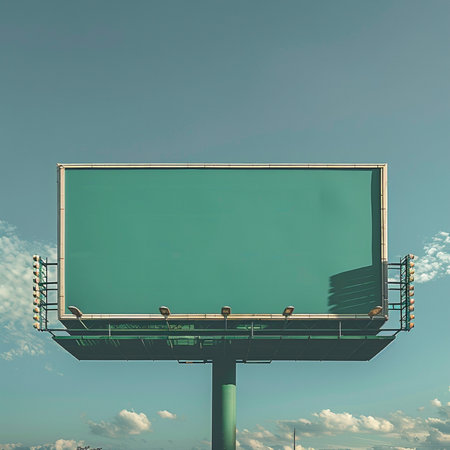 Blank green billboard on blue sky background with copy space - vintage filterの素材