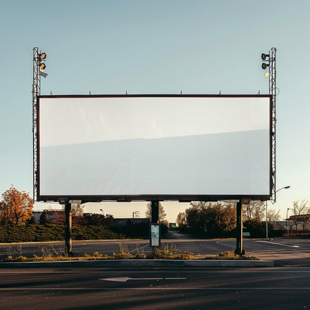 Blank billboard on the street at sunset. Outdoor advertising concept.の素材