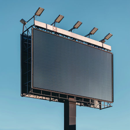 Large blank billboard on a blue sky background. 3d render illustrationの素材