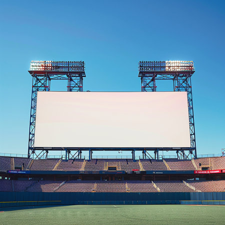 Baseball stadium with blank white billboard and bright blue sky background.の素材