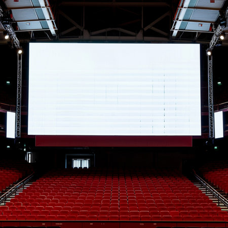 Empty cinema auditorium with white screen and red seats, perspective viewの素材