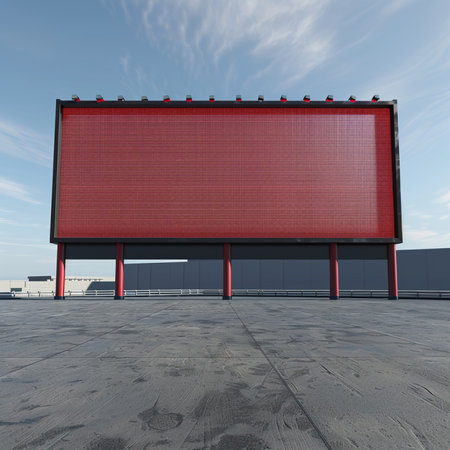3D rendering of a large industrial building with a red screen.の素材