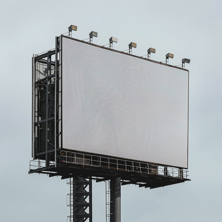 Large blank billboard on a construction site, ready for new advertisement.の素材