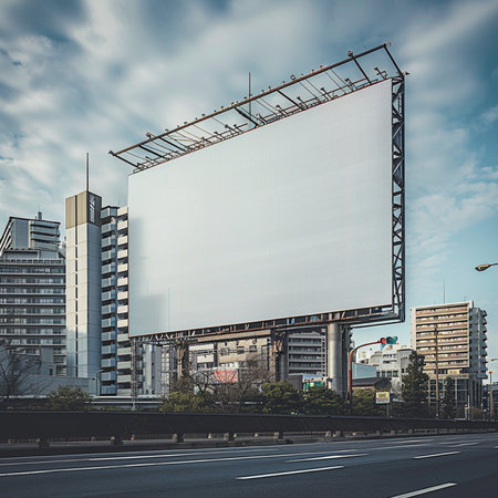 Blank billboard on the road with cityscape background. 3d rendering.の素材