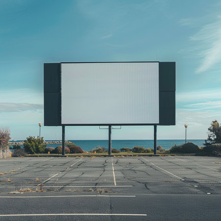 Blank billboard on empty parking lot with blue sky and sea backgroundの素材