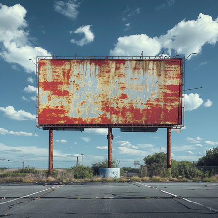 Abandoned billboard on the street under a blue sky with cloudsの素材