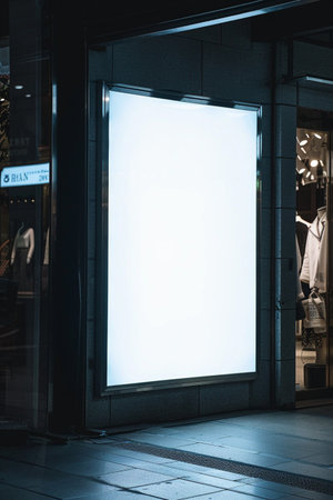 Blank billboard in a shop window at night. Mock up.の素材