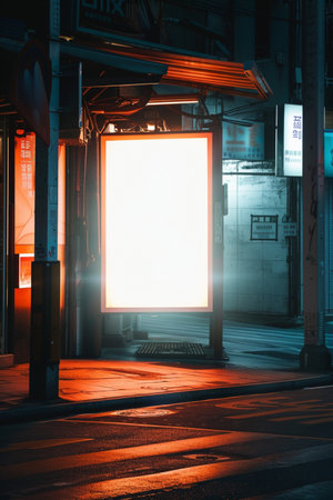 Blank billboard on a bus stop at night, Tokyo, Japanの素材