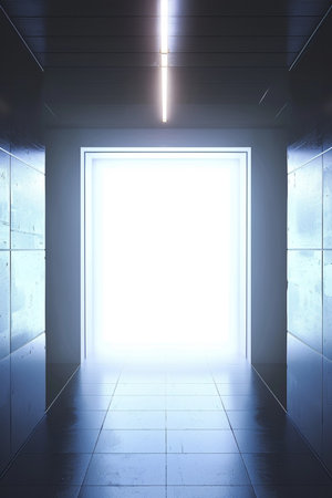 3d rendering of empty corridor with light coming out of the doorの素材