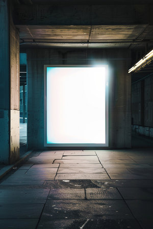 A large white door in an underground parking lot, illuminated by the sun.の素材