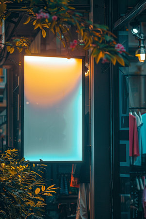 Blank signboard on a shop window in Paris, France.の素材