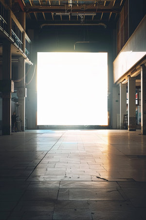 Blank white billboard in the warehouse at night, vintage style.の素材