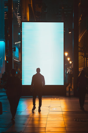 Silhouette of a man walking in the city at night.の素材