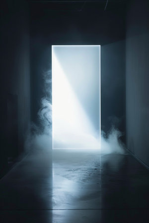 Light from the open door in a dark room with smoke and fogの素材