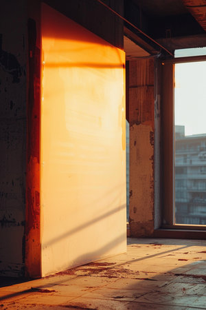 interior of an old abandoned factory building, the rays of the sun through the windowの素材