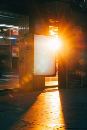 Blank billboard on the street at night in the rays of the setting sunの素材