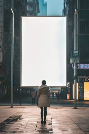 Blank billboard in the city. Back view of a woman in a coat looking at the billboard.の素材