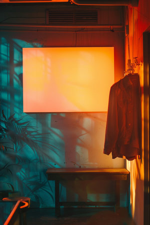 Interior of a hotel room at night with a wall hanging on itの素材