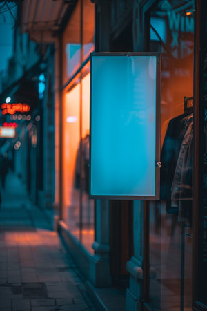 Blank signboard hanging on the wall of a shop in the eveningの素材