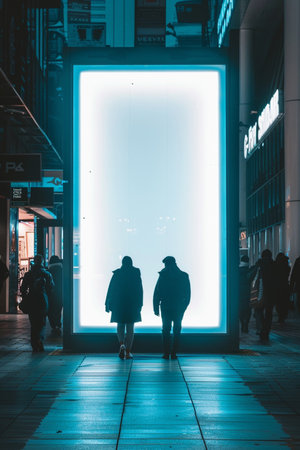 Man and woman walking in the city at night, Tokyo, Japanの素材