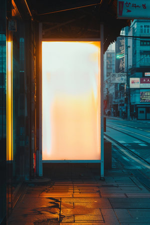 Blank billboard on a bus stop in the city at night.の素材