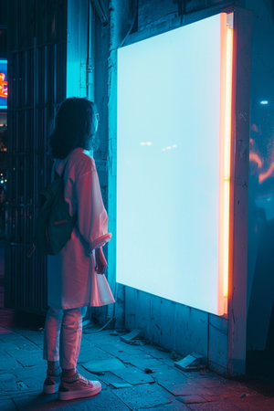 Girl in a pink coat with a backpack looks at a billboard in the night city.の素材