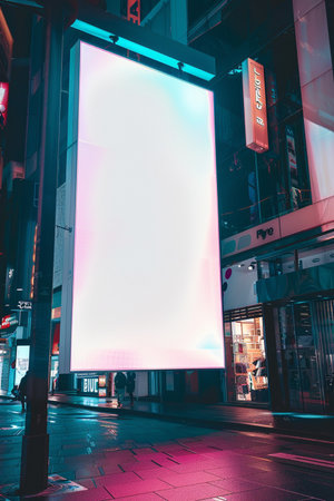 Blank billboard on street in Hong Kong city at night with people walkingの素材