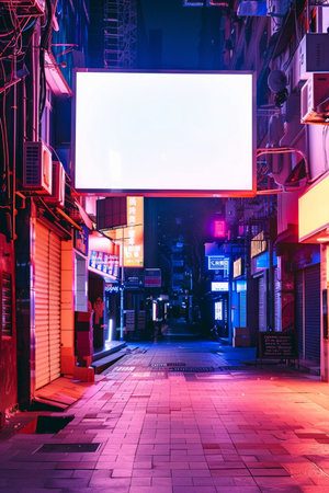 Blank billboard on the street at night time in Hong Kong.の素材
