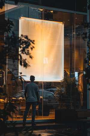 Rear view of a man standing in front of a shop window.の素材
