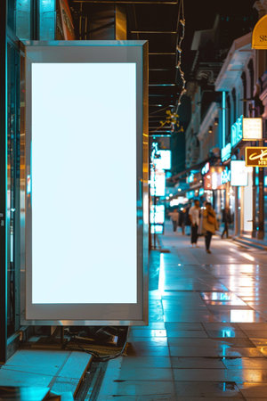 Blank billboard in the city at night with people walking around.の素材