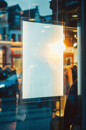 Blank white signboard on shop window. Mock up, selective focusの素材