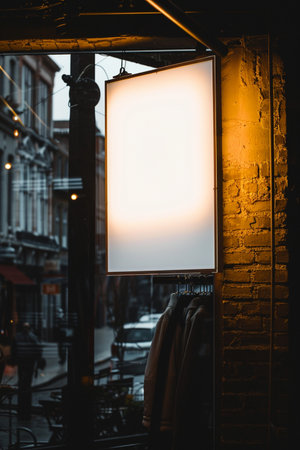 Blank white signboard on a wall in a street cafe.の素材