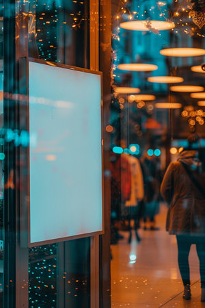 Blank billboard in a shop window at night. Shopping concept.の素材