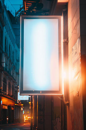 Blank white signboard on a city street at night. Advertisement concept.の素材