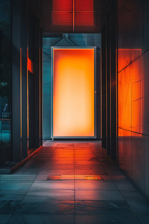 Entrance of a modern office building with a glowing glass door.の素材