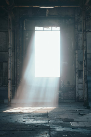 Abandoned industrial building interior with bright sunlight through the window.の素材