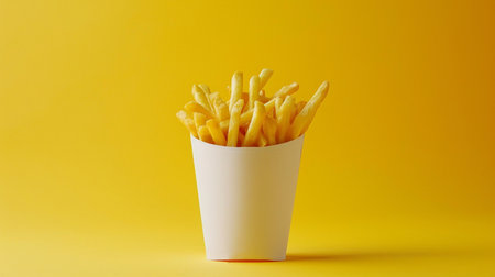French fries in paper cup on yellow background. Concept of fast food.の素材