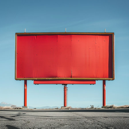 Blank red billboard on the road with blue sky in the backgroundの素材